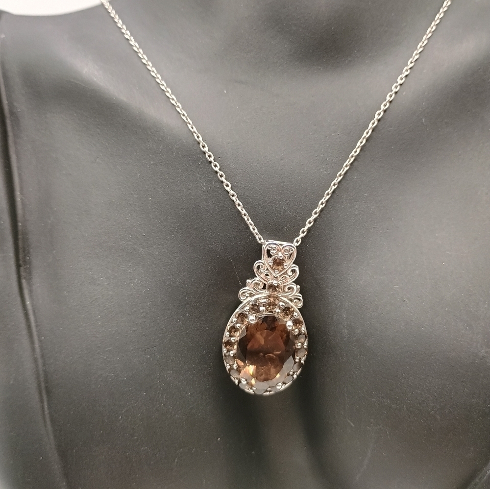Sophisticated Brown Gemstone and Silver Halo Pendant Necklace